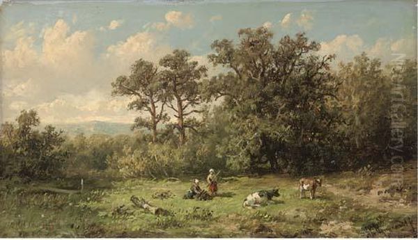 Cattle Herders Building A Fire Oil Painting by Anthonie Jacobus Van Wyngaerts