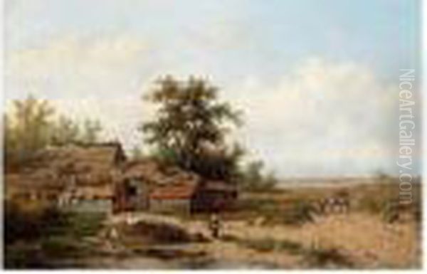 A Peasant With His Cattle In A Polder Landscape Oil Painting by Anthonie Jacobus Van Wyngaerts