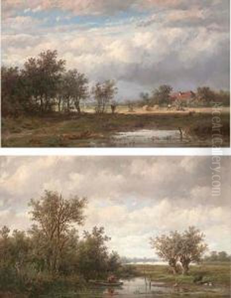 Fishing On A Calm Stretch Of Water; And Harvest Time Oil Painting by Anthonie Jacobus Van Wyngaerts