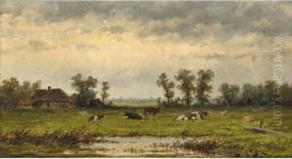 Cows In A Summer Landscape Oil Painting by Anthonie Jacobus Van Wyngaerts