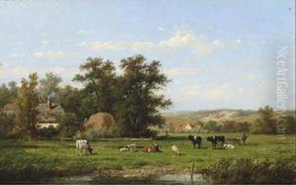 Cows In A Summer Landscape Oil Painting by Anthonie Jacobus Van Wyngaerts