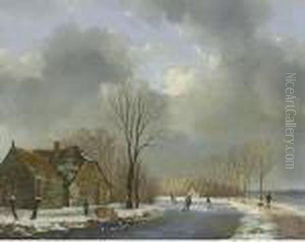 Figures Skating On A Frozen Waterway Oil Painting by Anthonie Jacobus Van Wyngaerts