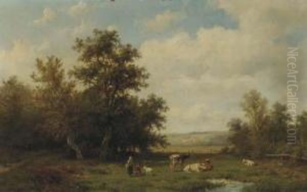 Figures And Cattle In A Sunlit Meadow Oil Painting by Anthonie Jacobus Van Wyngaerts