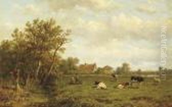 Cows In A Meadow Oil Painting by Anthonie Jacobus Van Wyngaerts