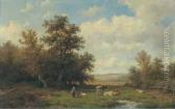 A Pastoral Landscape Oil Painting by Anthonie Jacobus Van Wyngaerts