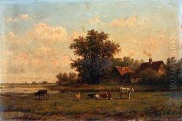 A Peasant Couple Resting In A Sunlit Meadow; Cattle Near Afarm Oil Painting by Anthonie Jacobus Van Wyngaerts