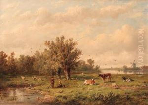 A Landscape With A Peasant Couple And Cattle Oil Painting by Anthonie Jacobus Van Wyngaerts