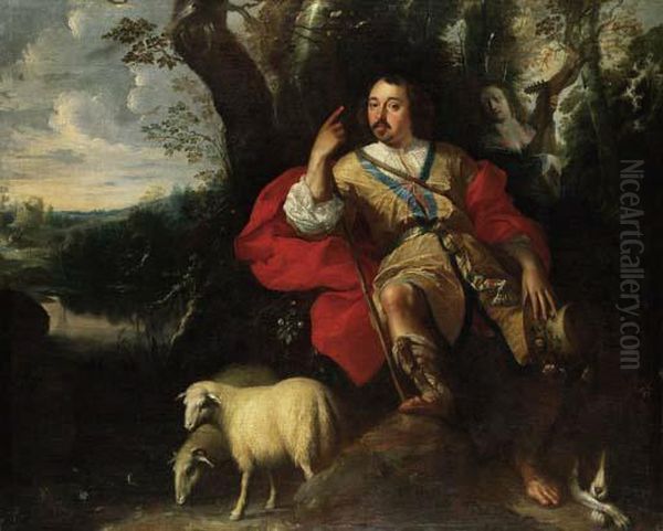 Pastoral Portrait Of A Gentleman
 As A Shepherd, With A Young Womanplaying A Lute, A Dog And Sheep, In A 
Landscape Oil Painting by Jan Thomas Van Yperen