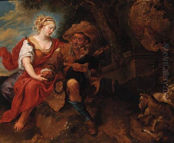 A Peasant Woman Courting A Travelling Musician In A Landscape Oil Painting by Jan Thomas Van Yperen