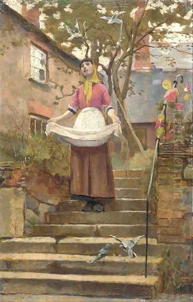 Feeding the birds Oil Painting by William Banks Fortescue