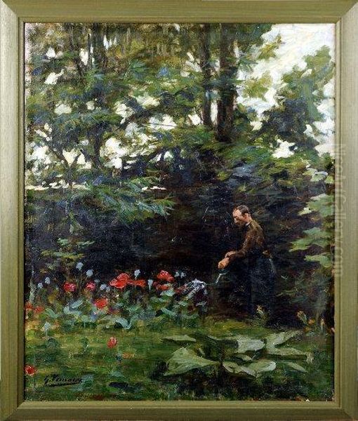 [m. Daele Arrosant Ses Fleurs.] Oil Painting by Gustave Vanaise