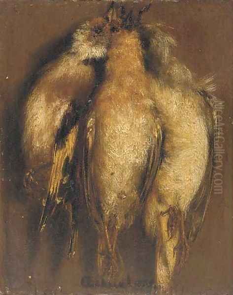 Three dead finches hanging on a nail Oil Painting by Carel Fabritius