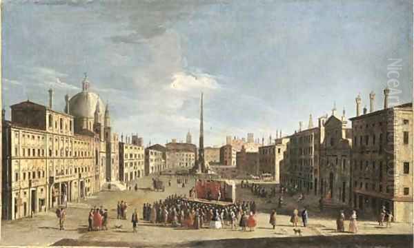 The Piazza Navona, Rome, from the South, with a crowd watching a performance of the commedia dell'arte Oil Painting by Jacopo Fabris