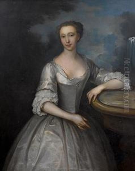 Portrait Of A Lady, Said To Be 
Lady Annepalliser, Three-quarter-length, In A White Satin Dress, 
Standingbeside A Stone Fountain Oil Painting by John Vanderbank