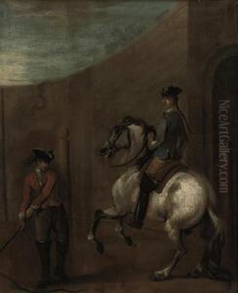 A Gentleman On A Grey Charger Being Schooled In An Arena Oil Painting by John Vanderbank