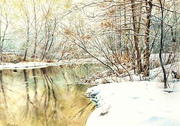 A snowy river landscape Oil Painting by Charles Frechon