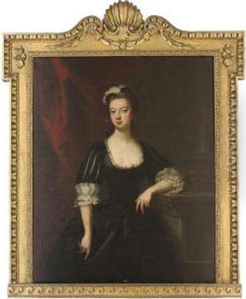 Portrait Of Lady Lucy Montagu 
(d.1734), Countess Of Guilford,three-quarter-length, In Black Classical 
Dress And Black Plumedcap, Her Left Arm Resting On A Plinth Oil Painting by John Vanderbank