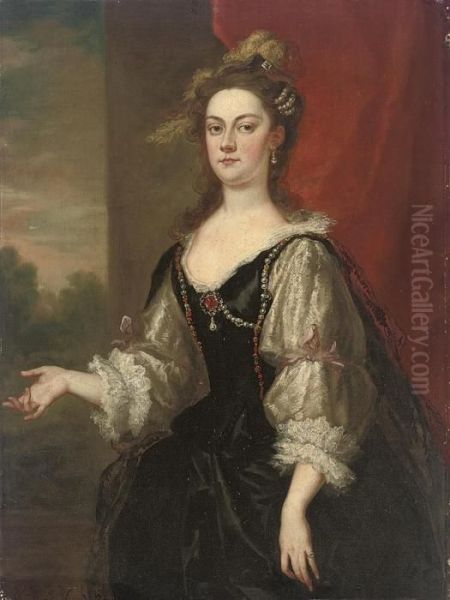 Portrait Of Katherine (d.1766), 
Countess Of Rockingham, Latercountess Guilford, Three-quarter-length, In
 A Black Bejewelleddress With Lace Sleeves And An Ostrich Plumed 
Headdress, By A Redcurtain, A Landscape Beyond Oil Painting by John Vanderbank