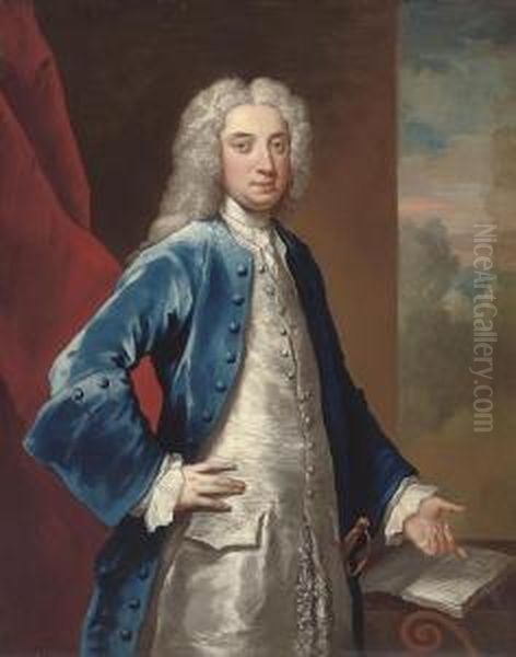 Portrait Of A Gentleman, 
Three-quarter-length, In A Blue Coat Andoyster Satin Waistcoat, Pointing
 At A Manuscript Of Dryden's Playall For Love', 1678, A Landscape Beyond Oil Painting by John Vanderbank