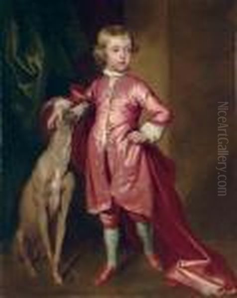 Portrait Of A Boy, Full-length, In Pink, With A Greyhound, In An Interior Oil Painting by John Vanderbank