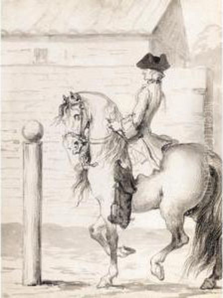 A Gentleman On A Horse By A Training Post Oil Painting by John Vanderbank