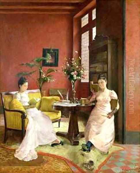 Two Women Reading in an Interior Oil Painting by Jean Georges Ferry