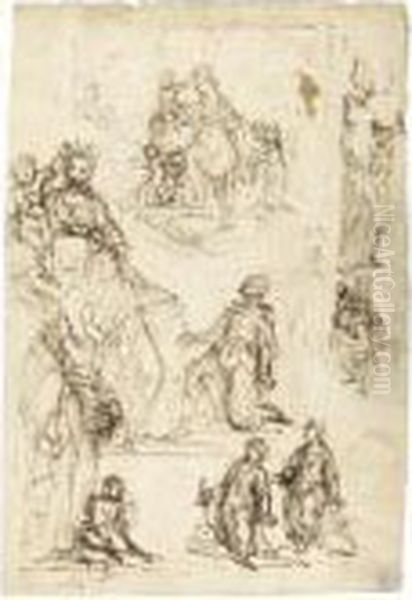 Sheet Of Studies With The Coronation Of The Virgin And Varioussaints Oil Painting by Francesco Vanni