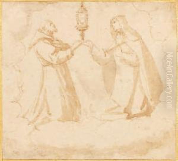 Saint Francois Et Sainte Claire Presentantle Saint-sacrement Plume Et Encre Brune Oil Painting by Francesco Vanni