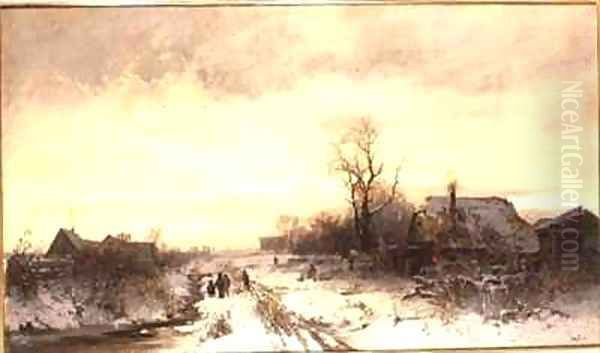 Children playing in a winter landscape Oil Painting by August Fink