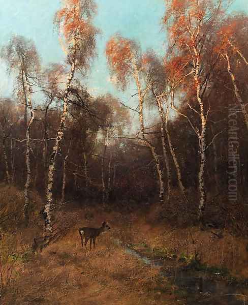 A birch forest with a deer by a stream Oil Painting by August Fink