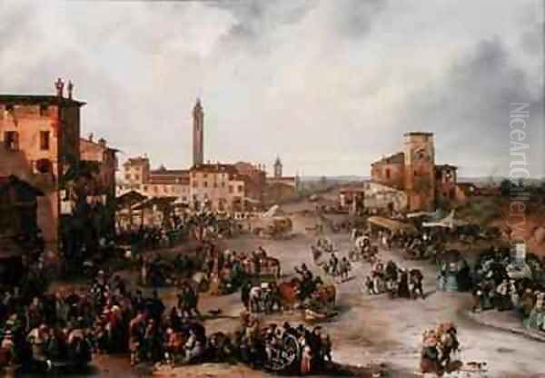 View of a Market Town and possibly the Fair of St Allessandro Oil Painting by Carlo Ferrari