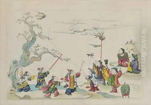 Children flying kites from an album of Chinese drawings Oil Painting by Jean Antoine Fraisse