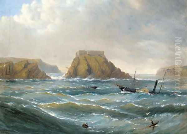 A paddle steamer in a heavy swell off a fortified rocky outcrop Oil Painting by Capt. John Haughton Forrest