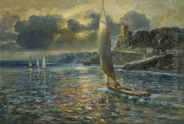 Notturno Con Barche A Vela Davanti A Torre Groppallo A Nervi Oil Painting by Gerelamo Varese