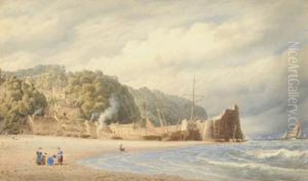 Children On A Beach At Low Tide, Cottages And Fishing Boats Beside A Stone Quay Beyond Oil Painting by Cornelius Varley