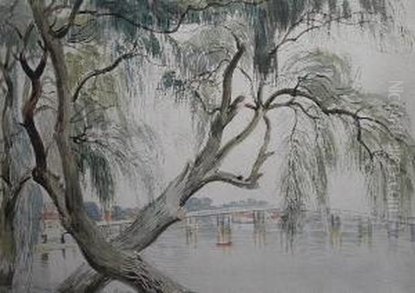 Old Battersea Bridge Seen Through A Willowtree From The Lots Oil Painting by Cornelius Varley