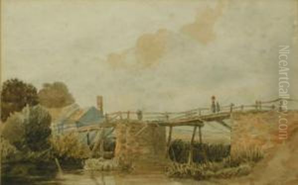 A Landscape With Figures On A Bridge Oil Painting by Cornelius Varley