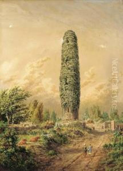 An Ivy-covered Tower By An Open Track, Ireland Oil Painting by Cornelius Varley