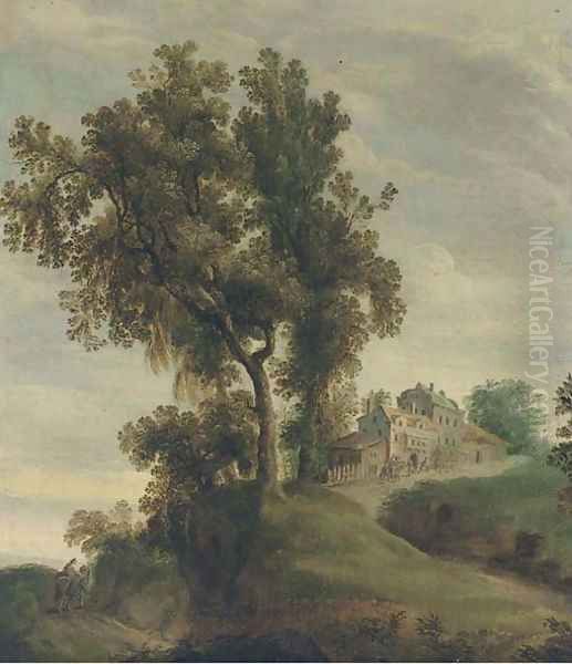 A partly wooded landscape with travellers on a track near a village Oil Painting by Domenico Fetti