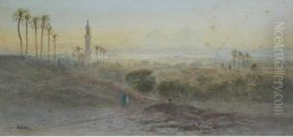 A Scene Near The Great Pyramids, Egypt Oil Painting by John Jnr. Varley