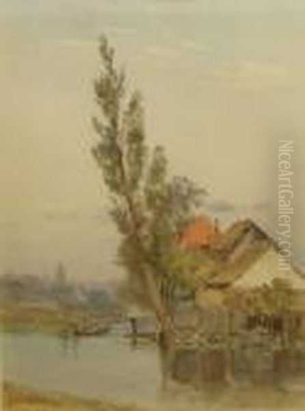 Landscape With Figure And Boat By Buildings Oil Painting by John Jnr. Varley