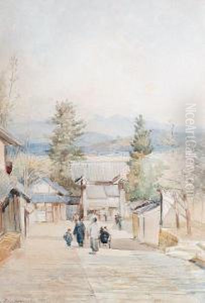 A Japanese Street Scene, Possibly Of Kyoto Oil Painting by John Jnr. Varley