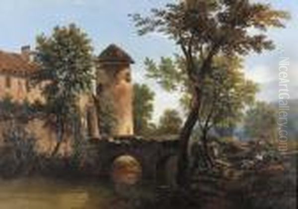 Flusslandschaft Mit Schlossartigem Hof. Oil Painting by John Jnr. Varley