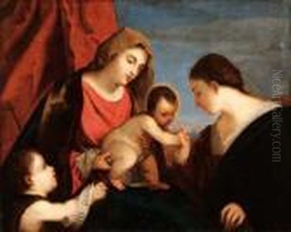 Madonna Bimbo, San Giovannino E Santa Caterina Oil Painting by (Alessandro) Padovanino (Varotari)