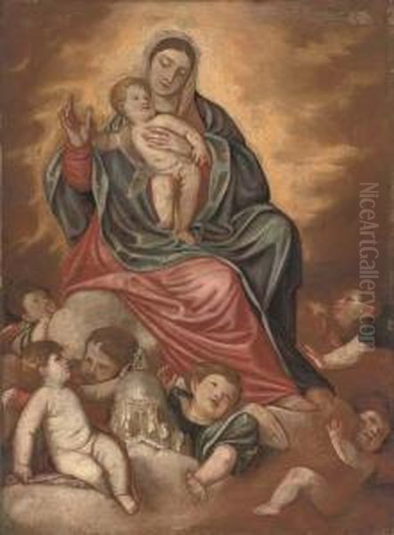 The Madonna And Child With Putti
 And A Model Of The Church Of Santa Maria Della Salute, Venice Oil Painting by (Alessandro) Padovanino (Varotari)