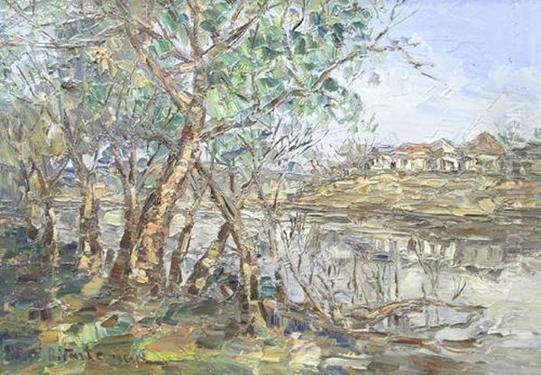 Trees At The Border Of The Water Oil Painting by Partog Vartanian