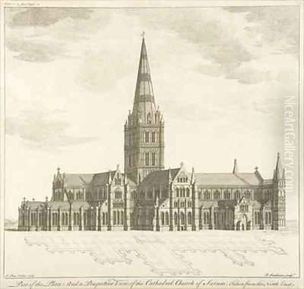 Part of the Plan and a Perspective View of the Cathedral Church of Sarum taken from the North East Oil Painting by Pierre Fourdrinier