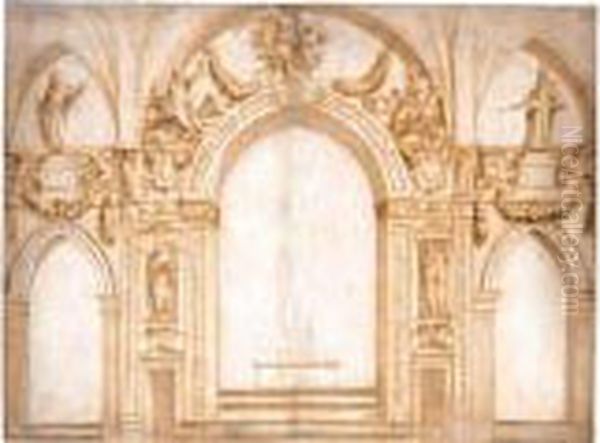 An Elaborate Design For The Decoration Surrounding An Apse And Two Side Chapels Oil Painting by Giorgio Vasari