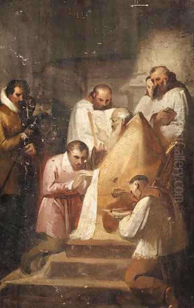 A bishop reading from a book with acolytes - a sketch Oil Painting by Alexandre Evariste Fragonard