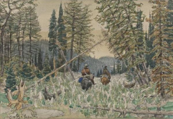 Hunters On Horseback In A Pine Forest Oil Painting by Apollinarii Mikhailovich Vasnetsov